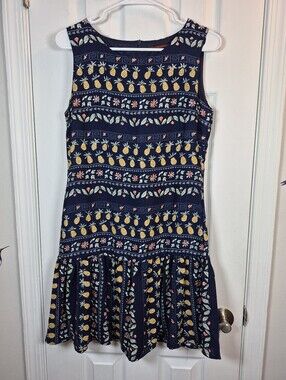 SM WARDROBE Pineapple Floral Drop Waist Mini Dress Navy Blue Size Small Novelty